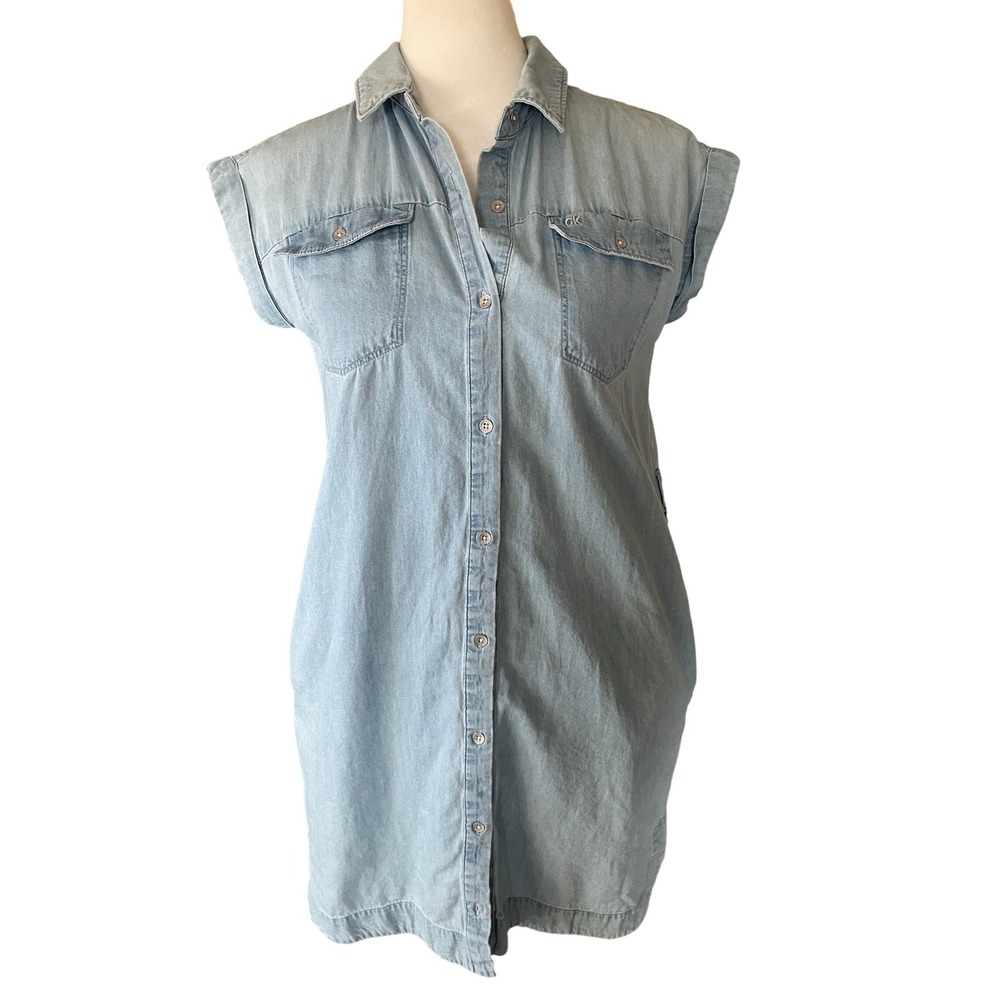Girls Light Wash Denim Sleeveless Button Down Shirt Dress‎ L 12/14 Calvin Klein